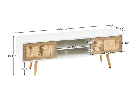 55.12" Rattan TV Cabinet, Double Sliding Doors For Storage, Adjustable Shelf, Solid Wood Legs, TV Console For Living Room