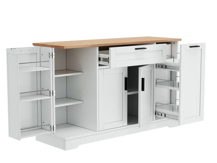 Sideboard With Extendable Table, Adjustable Shelves, 3 Tier Pull Out Rack - White