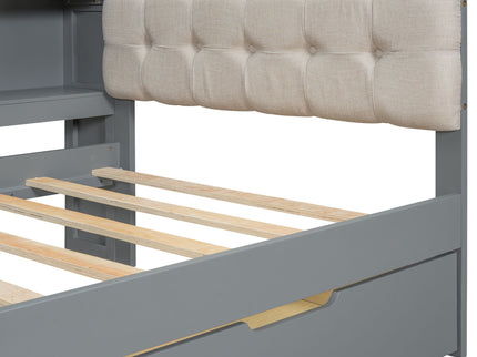Upholstered Headboard Platform Bed With Storage Shelves, Drawers, Charging Station