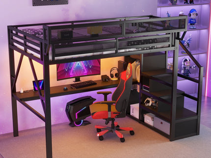 Loft Bed With Desk And Charging Station With Stairs And Light