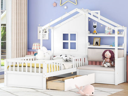 House Bed With Sofa, Kids Platform Bed With 2 Drawers And Storage Shelf