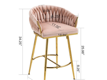 Counter Height Bar Stools Kitchen Island Counter Bar Stool With Hand - Wave Back, Golden Chromed Base And Footrest (Set of 2) - Pink