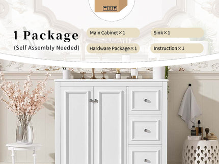 Bathroom Vanity With Sink, Soft-Close Doors, Adjustable U-Shelf, 3 Drawers