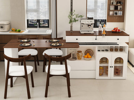 Retro Kitchen Island Set With Chairs, Extendable & Rotating Table, 4 Drawers & Door Cabinets