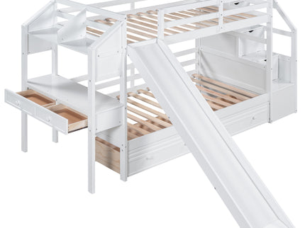 Bunk Bed With Storage Staircase, Slide, Desk, Drawers, And Shelves