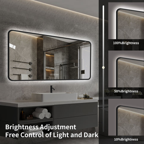 Wall Mirror With Rounded Corners, Temperature Display, Tri-Color Light, Defogging