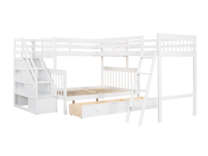 Solid L Shaped Bunk Bed With 3 Drawers, Ladder And Staircase