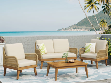 Hueber - Outdoor And Rope 4 Seater Chat Set With Cushions - Teak