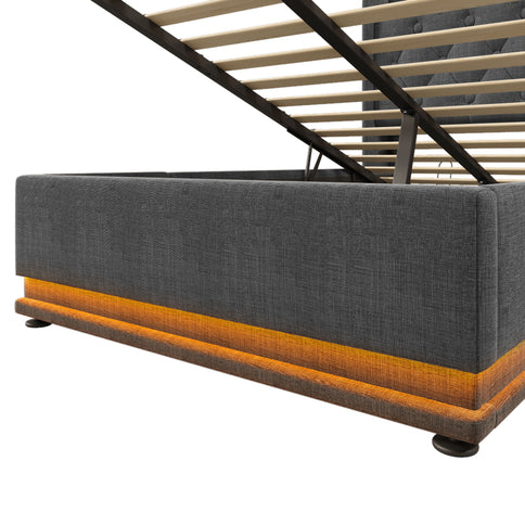 Upholstered Bed, 360 Surround LED Function, Remote Control, Hydraulic Storage Bed With USB, Type-C Charging (Without Mattress)