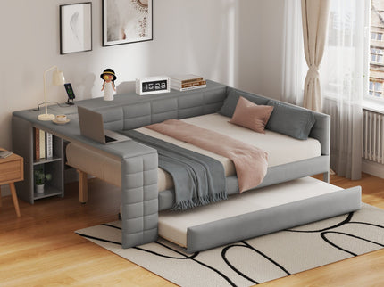 Upholstered Platform Bed With Storage Shelves, Desk, Charging Station And Trundle