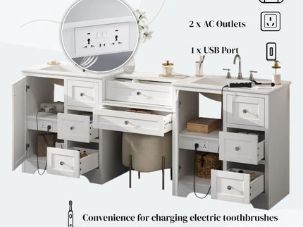 Double Sink Bathroom Vanity With Countertop, 2 Ceramic Sinks, 6 Drawers, Soft Close Design