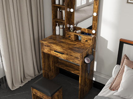 Vanity Table With Mirror, Adjustable LED Lights, Power Outlet, Hairdryer Holder & Stool