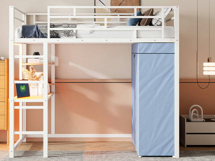 Loft Bed With Desk, Shelves, Power Outlet, LED Light And Wardrobe