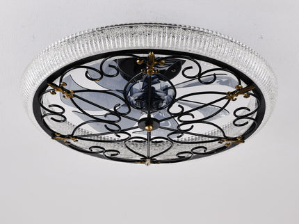 20" Caged Ceiling Fan With Remote Control And Crystal Sand Lampshade - Matte Black