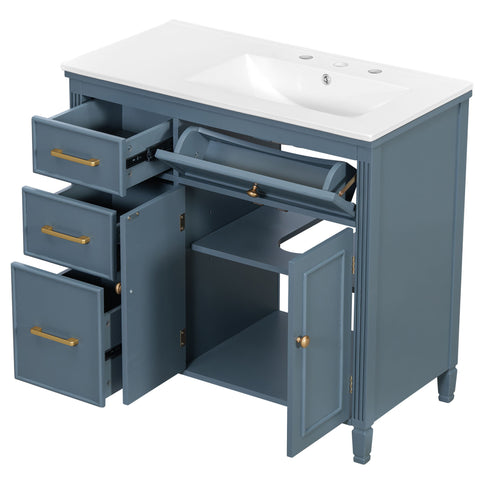 Bathroom Vanity With Sink, 1 Tip Out Drawer, 3 Side Drawers, Adjustable Shelf