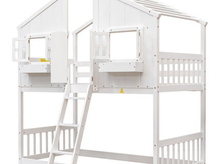 House Bunk Bed With Roof, Window, Window Box, Door, With Safety Guardrails And Ladder