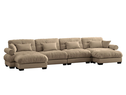 Modern Sectional Sofa With Ottoman, Round Bolster Armrests, Waist And Throw Pillows