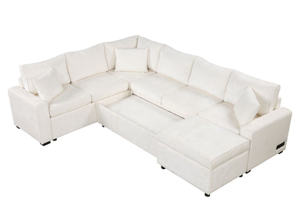 Sectional Sofa Pull-Out Sofa Bed Sleeper With A Storage Ottoman, Three Pillows And Charging Devices For Living Room