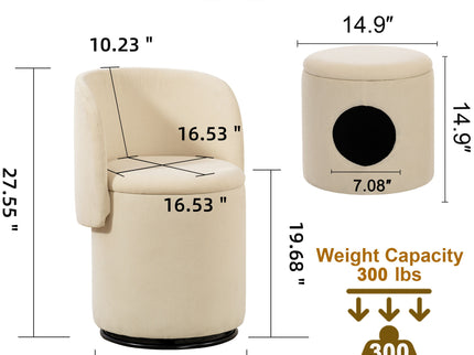 Barrel Chair, Built In Storage, 360° Swivel - Beige
