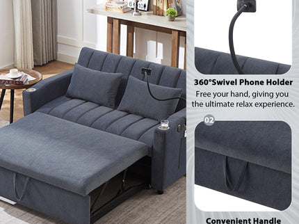 Convertible Sofa Bed Loveseat Sofa With Three USB Ports, Two Side Pockets, Two Cup Holders And 360° swivel Phone Holder For Living Room