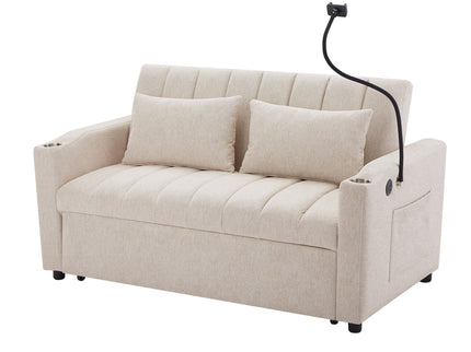 Convertible Sofa Bed Loveseat Sofa With Three USB Ports, Two Side Pockets, Two Cup Holders And 360° swivel Phone Holder For Living Room