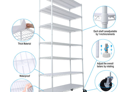 7 Tier Metal Shelf Wire Shelving Unit, 2450Lbs Heavy Duty Adjustable Storage Rack With Wheels & Shelf Liners For Closet Kitchen Garage Basement Commercial Shelving