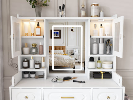 Large Vanity Table Set With Mirror, 6 Drawers & Shelves, Power Socket, Hair Dryer Holder, Cabinet Light, Dressing Desk - White