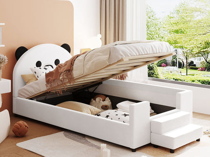 Upholstered Daybed With Bear Shaped Headboard, Hydraulic System And Breathable Fence