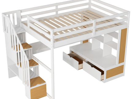 Full Size Loft Bed With Desk And Shelves, 2 Built In Drawers, Storage Staircase - Natural / White