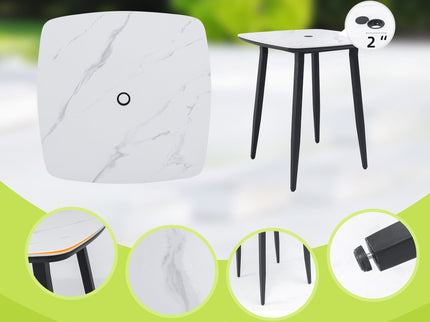 Outdoor Bar Table, Rounded Square Sintered Stone Top With Umbrella Hole, Rust Free Frame, Weatherproof - Ember Black / White