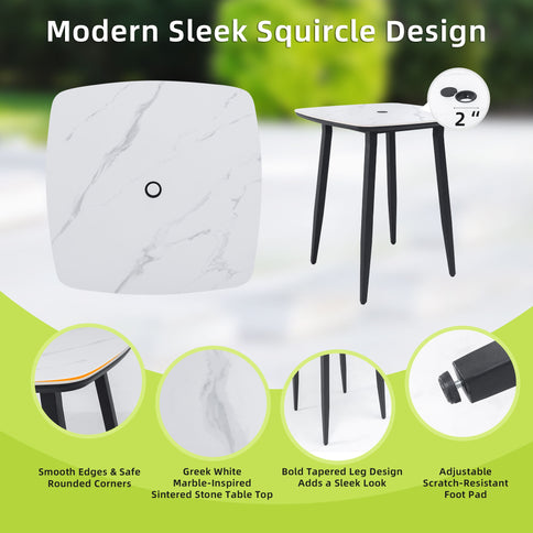 Outdoor Bar Table, Rounded Square Sintered Stone Top With Umbrella Hole, Rust Free Frame, Weatherproof - Ember Black / White