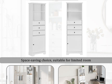 Tall Storage Cabinet With 3 Drawers And Adjustable Shelves For Bathroom