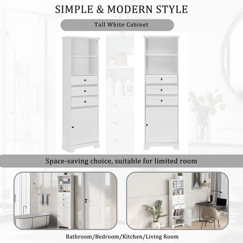 Tall Storage Cabinet With 3 Drawers And Adjustable Shelves For Bathroom