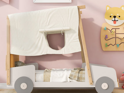 Twin Size Car Bed With Pillow, Ceiling Cloth And LED - Natural