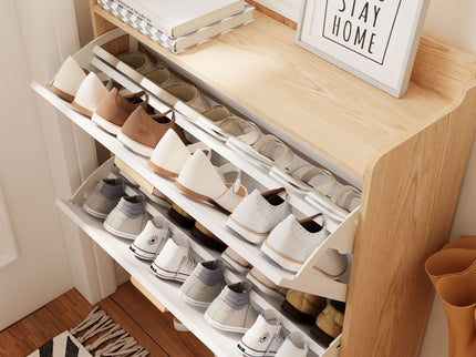 Shoe Storage Cabinet With 2 Flip Drawers, Compact Entryway Organizer - Natural / White