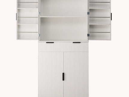 Fluted Kitchen Pantry Cabinet With 3 Keyboard Drawers & 6 Adjustable Door Shelves