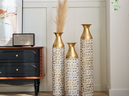 Mother's Day Gift Set Gilded White 3D Relief Flower Metal Vase Set - White / Gold