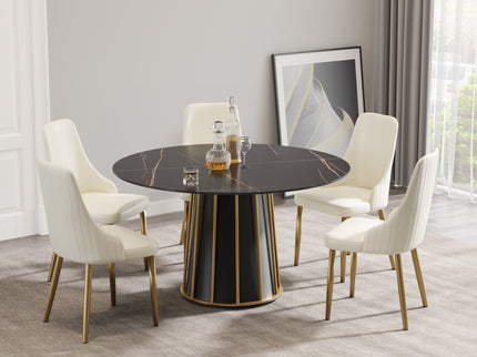 Modern Artificial Stone Round Metal Iron Base Dining Table, Can Accommodate 6 People (Not Including Chairs.) - Black