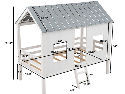 Twin Size Low Loft House Bed With Roof And 2 Front Windows - White