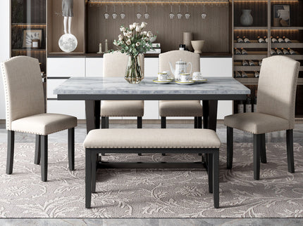 6 Piece Dining Table Modern Style With 4 Chairs & 1 Bench, Table With Marbled Veneers Tabletop And V-Shaped Table Legs - White