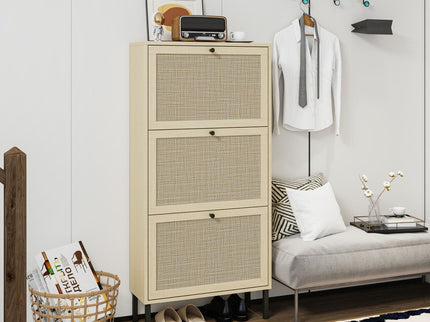 Modern Rattan 3 Door Shoe Rack Cabinet For Entryway