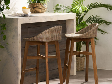 Beeson - Outdoor Wicker And Acacia Wood Barstools Set, Water Resistant - Brown