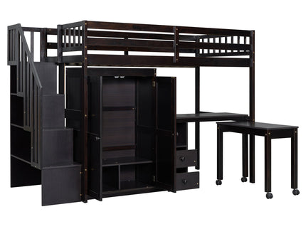 Loft Bed With Stairs, Bookshelf, Drawers, Desk & Wardrobe, Space Saving Multifunctional Furniture