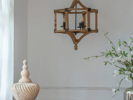 3 Light Wood Drum Chandelier, Hanging Light Fixture With Adjustable Chain For Kitchen, Bulb Not Included - Brown