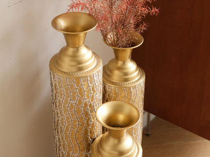 Metal Decorative Vases High Distress Metal Center Vases With Growing Vine Patterns, (Set of 3) Vases For Home Decoration - Gold