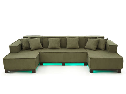 U-Shaped Sectional Sofa With RGB LED Light Strip And 6 Pillows