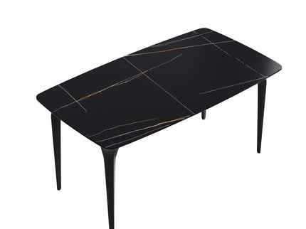 63" Artificial Stone Black Curved Black Metal Leg Dining Table, 6 People - Black