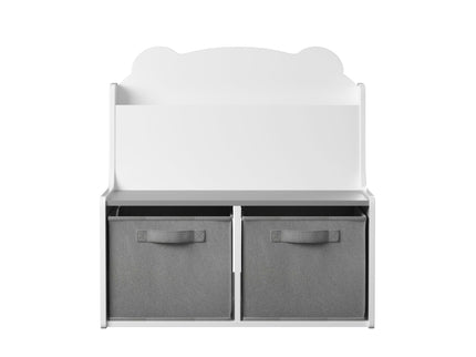 Bookshelf With Storage Bins, Bookcase With Book Display Shelf And 2 Bins, Cute Bear Shaped Backboard, Toy Organizer - White