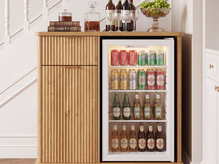 Fluted Coffee Bar Cabinet With Mini Fridge Space & Charging Station - Natural
