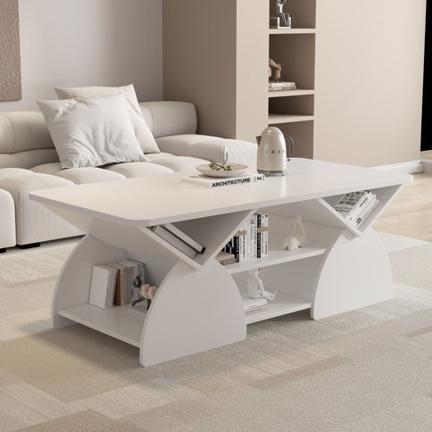 Geometric Engineered Coffee Table With Rounded Corners With Open Shelves